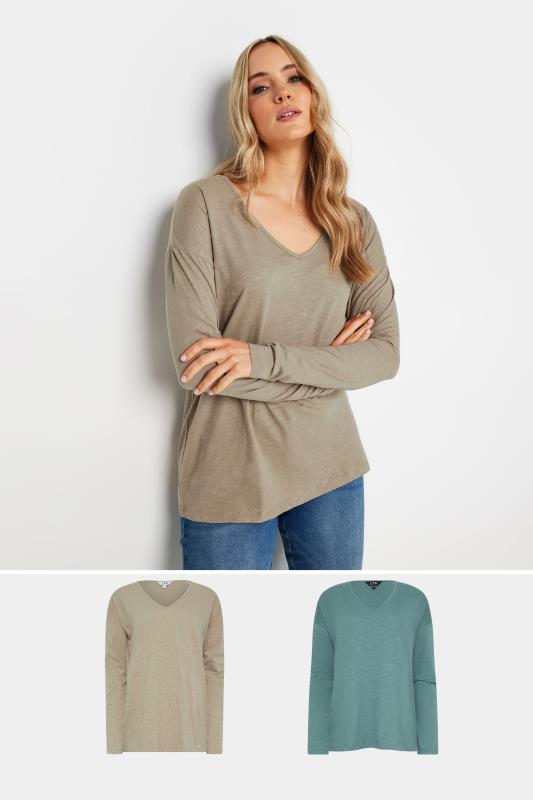 LTS Tall Women's 2 PACK Natural Brown & Blue Long Sleeve T-Shirts | Long Tall Sally  1