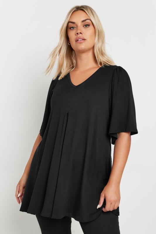 Plus Size  YOURS Curve Black Pleat Angel Sleeve Swing Top