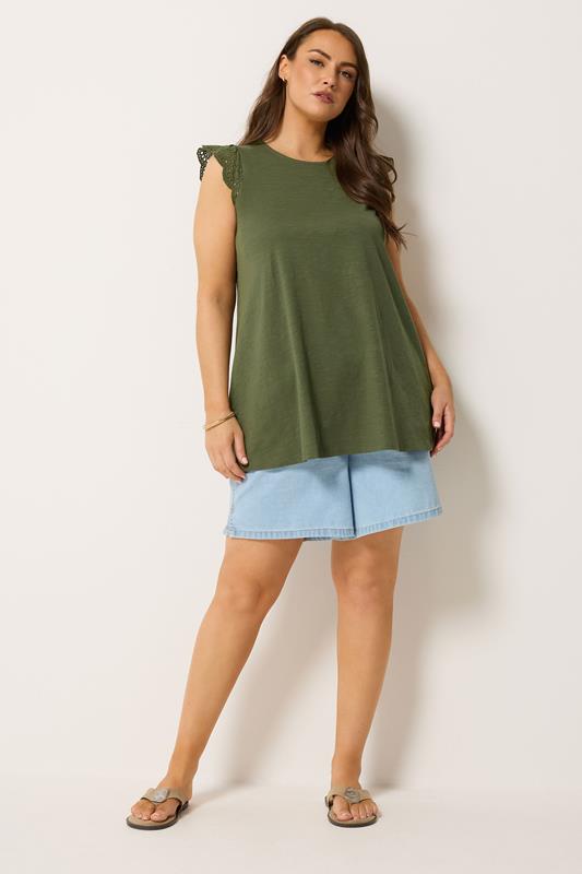 YOURS Plus Size Khaki Green Broderie Frill Vest Top | Yours Clothing 2