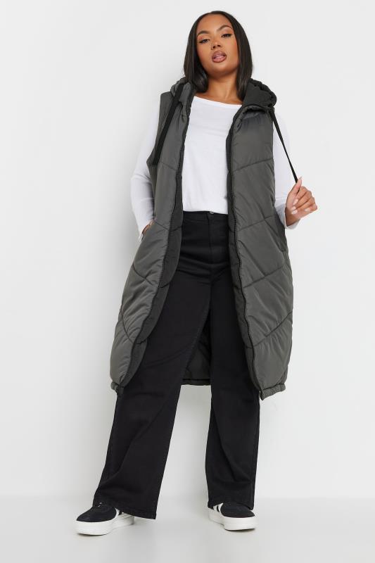 YOURS Curve Reversible Charcoal & Black Quilted Longline Hooded Gilet | Yours Clothing 2