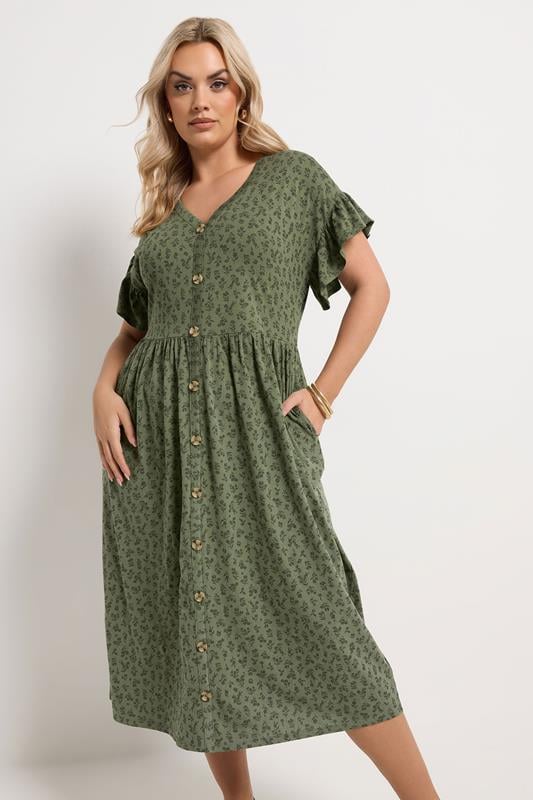  YOURS Curve Khaki Green Floral Frill Sleeve Dress