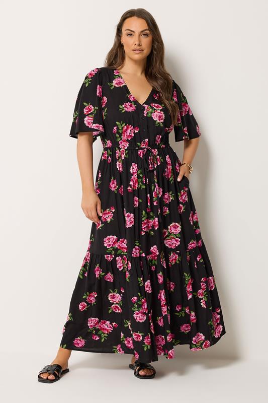 YOURS Curve Black Floral Angel Sleeve Dress