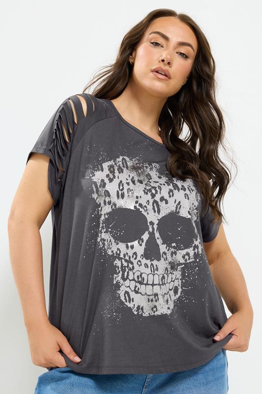 YOURS Curve Grey Skull Print Laser Cut T-Shirt