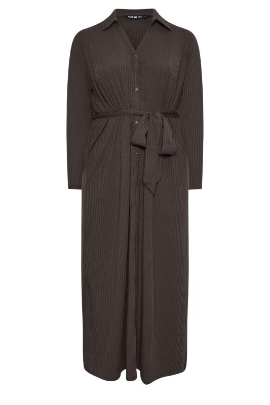 YOURS Plus Size Chocolate Brown Button Front Ribbed Tie Waist Midi Dress | Yours Clothing 5