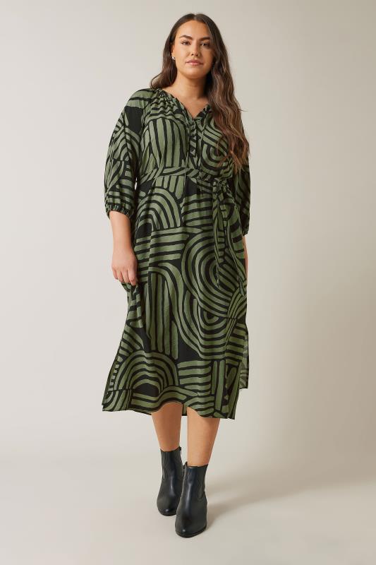 EVANS Plus Size Khaki Green Abstract Print Midi Dress | Evans  2