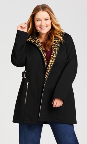 Black Side Tab Leopard Print Hood Fleece Coat | Evans