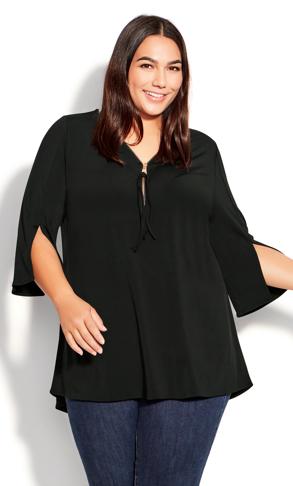 Luella Zip V-Neck Black Plain Top | Evans