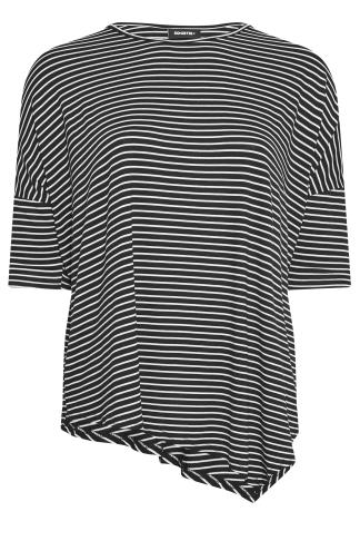 Evans Black & White Stripe Asymetrical T-Shirt | Evans