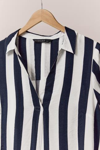 EVANS Plus Size Navy Blue & White Striped Notch Neck Blouse | Evans