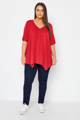 City Chic Red Pleated Front Hanky Hem T-Shirt | Evans