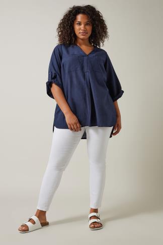 EVANS Plus Size Navy Blue Linen Utility Top | Evans