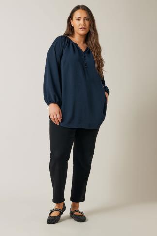 Long Sleeve Button Front Blouse (Navy)