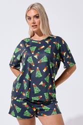 LIMITED COLLECTION Plus Size Navy Blue Christmas Tree Novelty Pyjama Set | Yours Clothing 3