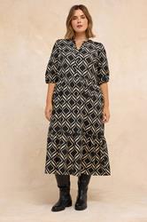 EVANS Plus Size Black Geometric Print Tiered Midi Dress | Evans 1