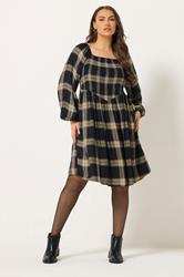 YOURS Plus Size Black & Brown Check Shirred Mini Dress | Yours Clothing 1