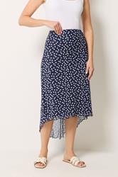 LTS Tall Women's Navy Blue Polka Dot Dipped Hem Mesh Midi Skirt | Long Tall Sally 1