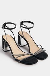 Silver Asymmetric Diamante Block Heel Sandals In Standard Fit