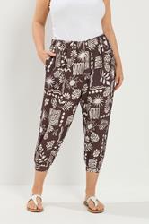 YOURS Plus Size Chocolate Brown Floral Cropped Harem Trousers | Yours Clothing 3