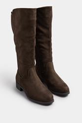 Brown Faux Suede Stretch Knee High Boots In Wide E Fit & Extra Wide EEE Fit | Yours Clothing 3