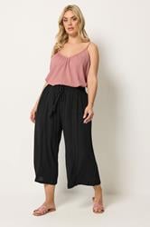 YOURS Plus Size Black Scallop Trim Crinkle Cropped Trousers | Yours Clothing 1
