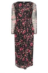 YOURS LONDON Curve Black Floral Mesh Side Knot Midi Dress