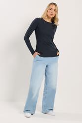 LTS Tall Women's Navy Blue Ribbed Button Top | Long Tall Sally 1