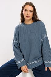 YOURS Plus Size Blue Blanket Stitch Jumper | Yours Clothing 3