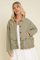 YOURS Plus Size Khaki Green Broderie Anglaise Twill Shacket | Yours Clothing 2