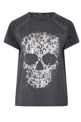 YOURS Curve Grey Skull Print Laser Cut T-Shirt