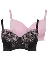 YOURS 2 PACK Plus Size Black & Pink Embroidered Padded Bras | Yours Clothing 8