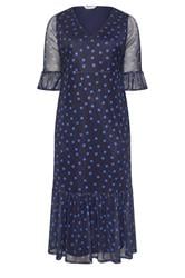 YOURS LONDON Curve Navy Blue Polka Dot Mesh Tiered Dress
