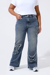LIMITED COLLECTION Plus Size Indigo Blue Denim Butterfly Embroidered Jeans | Yours Clothing 1