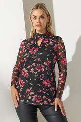 YOURS LONDON Plus Size Black Floral Twist Neck Mesh Top | Yours Clothing 3