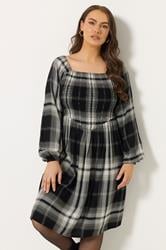 YOURS Plus Size Black Check Shirred Mini Dress | Yours Clothing 1