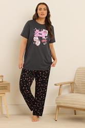 YOURS Plus Size Grey 'Feeling Lucky' Slogan Wide Leg Pyjama Set | Yours Clothing 3