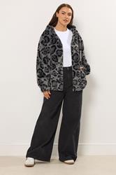 YOURS Plus Size Grey Leopard Print Faux Fur Hooded Jacket | Yours Clothing 2