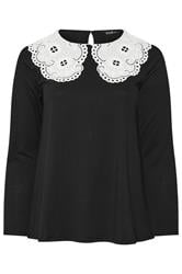YOURS Curve Black Broderie Anglaise Oversized Collar Top