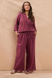 EVANS Plus Size Burgundy Red Broderie Hem Linen Trousers | Evans 2