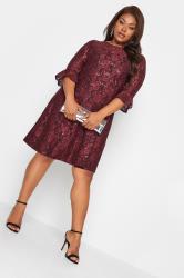 YOURS Plus Size Burgundy Red Lace Sequin Embellished Swing Dress | Yours Clothing 2