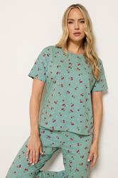 LTS Tall Women's Green Cherry Print Cotton Wide Leg Pyjama Set | Long Tall Sally 1