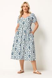 YOURS Plus Size White & Blue Floral Linen Midaxi Dress | Yours Clothing 1