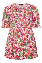 YOURS Curve Pink Floral Shirred Puff Sleeve Top