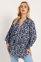Yours Plus Size Blue Floral Sequin Embellished Tie Neck Blouse 2