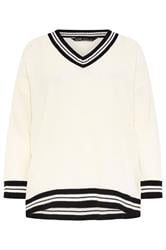 YOURS Curve Ivory White Contrast V-Neck Knitted Jumper