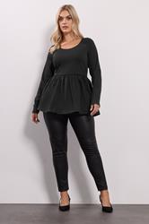 YOURS Plus Size Black Mixed Rib Peplum Top | Yours Clothing 4