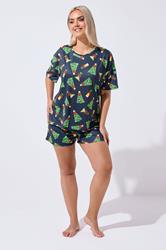LIMITED COLLECTION Plus Size Navy Blue Christmas Tree Novelty Pyjama Set | Yours Clothing 1