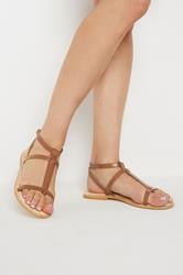 LTS Tan Brown Leather Cross Strap Flat Sandals In Standard Fit | Long Tall Sally 3