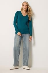 LTS Tall Women's Teal Blue Knitted V-Neck Jumper | Long Tall Sally 1