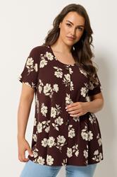 YOURS Plus Size Brown Floral Button Front Ribbed Swing Top | Yours Clothing 3