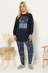YOURS Plus Size Navy Blue 'Dream Explorer' Cuffed Pyjama Set | Yours Clothing 3